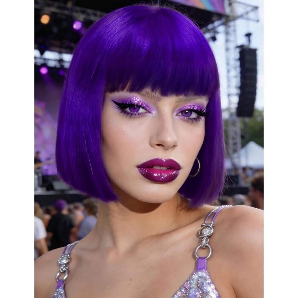 Women's Dark Purple 12 Inch Costume Cosplay Party Short Bob Wigs And Sunglass - Picture 3 of 7